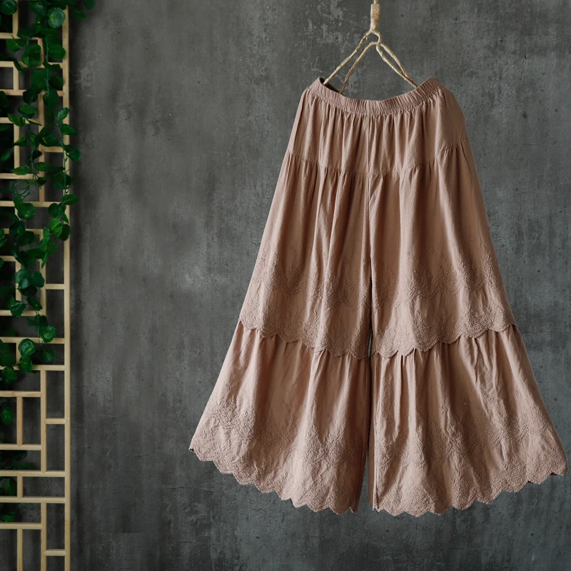 Literary cotton lace embroidered pants cropped wide leg spring summer women | Женская одежда