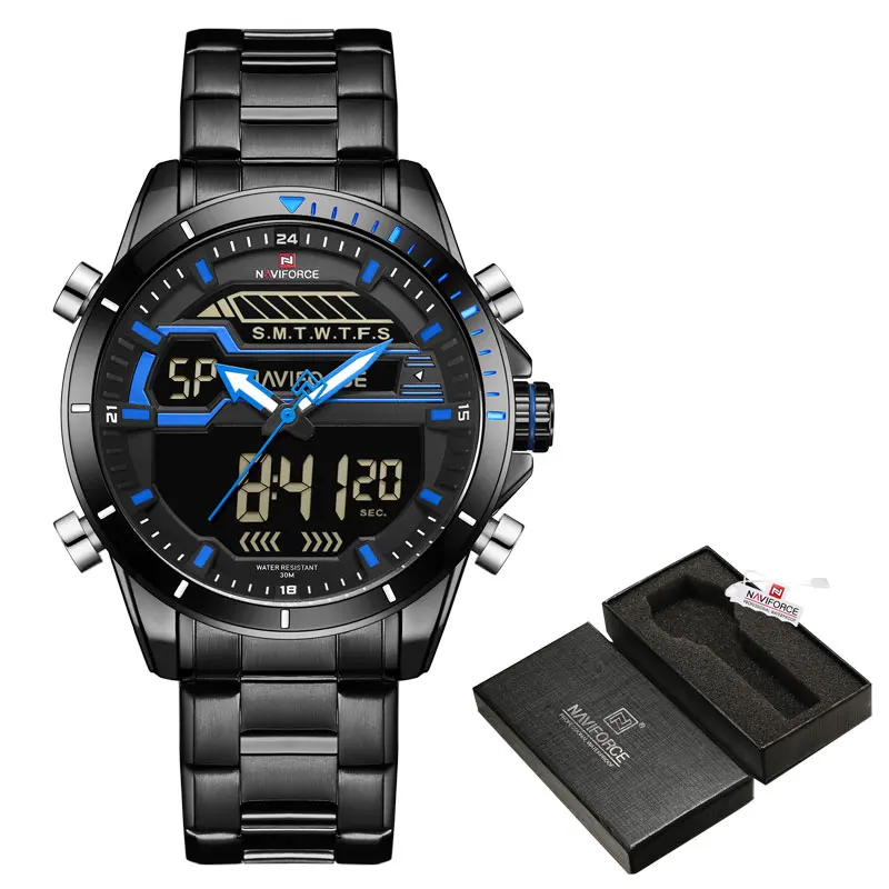 Blue and Box Бренд NAVIFORCE, мужские спортивные часы, водонепроницаемые, хронограф, светодиодный, цифровые, аналоговые часы для мужчин, s Сталь, кварцевые часы, Relogio Masculino - Цвет: Blue and Box
