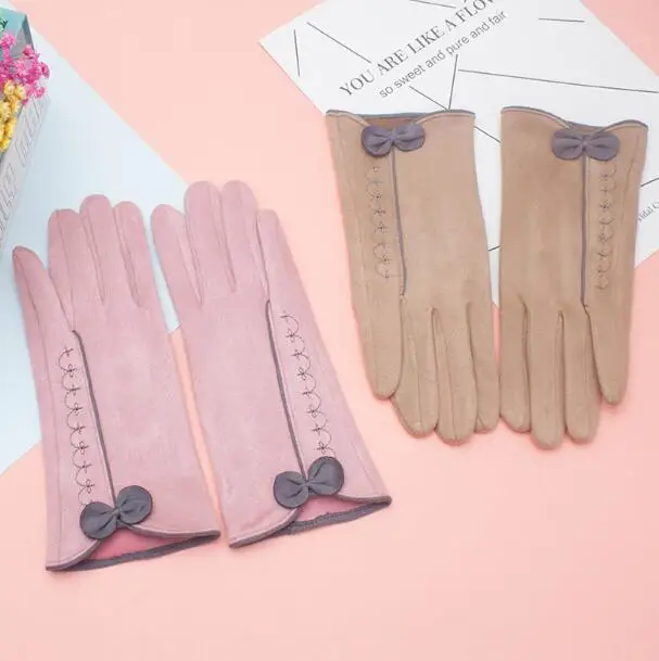 

Women's Autumn Winter Faux Suede Leather Bow Gloves Female Lovely Touch Screen Driving Glove R747
