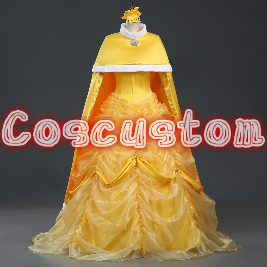 Coscustom Высококачественный костюм принцессы Белль с желтым плащом Фильм Красавица и Чудовище Белль модный костюм для косплея