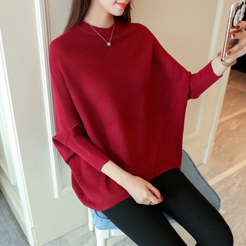 Autumn Winter New Pattern Korean Bat Easy Round Neck Unlined Garment Suit-dress Maɺm Color Sleeve Head Sweater Tide | Женская