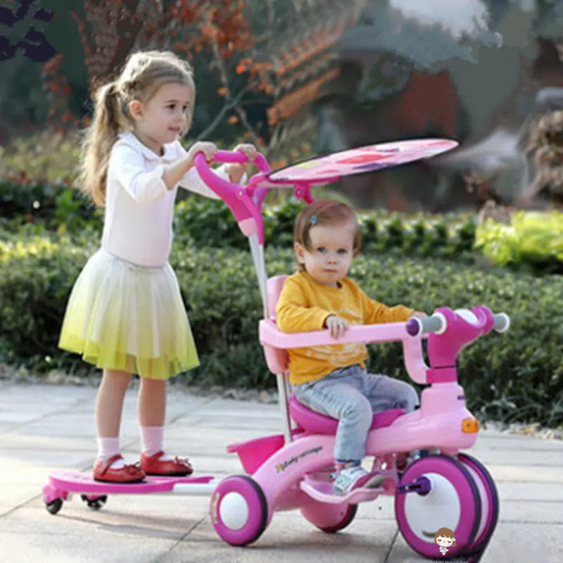 

Детский трехколесный велосипед 2 в 1 с навесом, двойной скутер с раздвижной крышкой, музыкальный трехколесный велосипед для двух малышей, Де...
