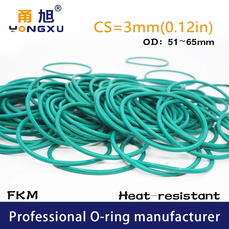 

Green FKM fluororubber O-ring Seal CS3mm OD51/52/53/55/56/58/60/61/62/63/65*3mm Ring Gaskets Oil resistance Ring sealing Washer