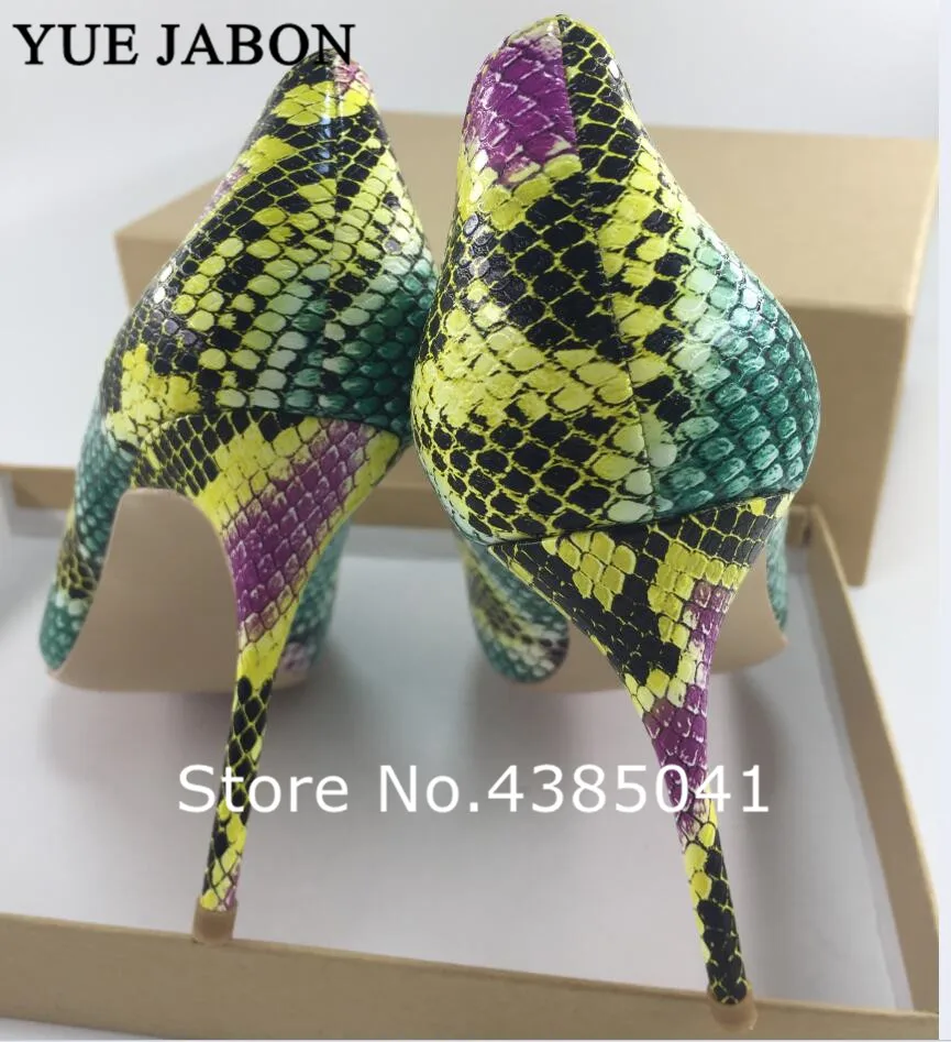 

YUE JABON 2019 NEW ARRIVE Women Shoes Green Snake Printed Sexy Stilettos High Heels 12cm/10cm/8cm Pointed Toe Women Pumps