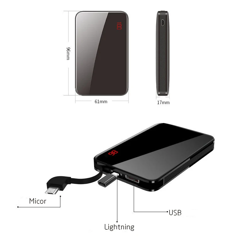 ЖК-дисплей mi ror экран тонкий mi ni power Bank 8000 мАч для Xiaomi mi iphone 3 в 1 Встроенная линия портативное зарядное устройство Быстрая зарядка power bank
