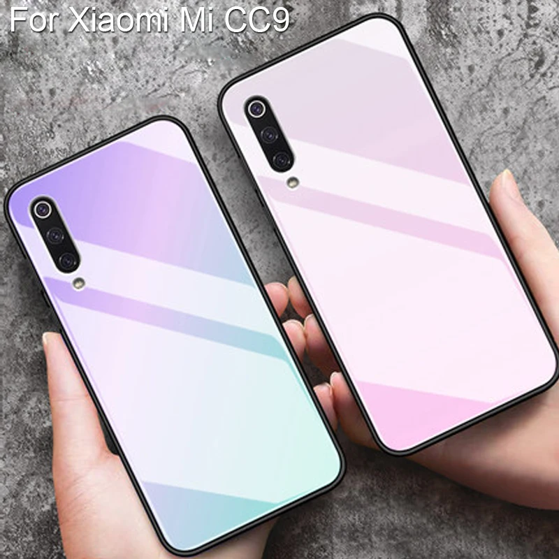 

Black Color Ultra Slim Silicone Case For Xiaomi Mi CC9 Gradient Tempered glass Hard Back cover For Xiaomi Mi CC9 cc9 Cases Shell