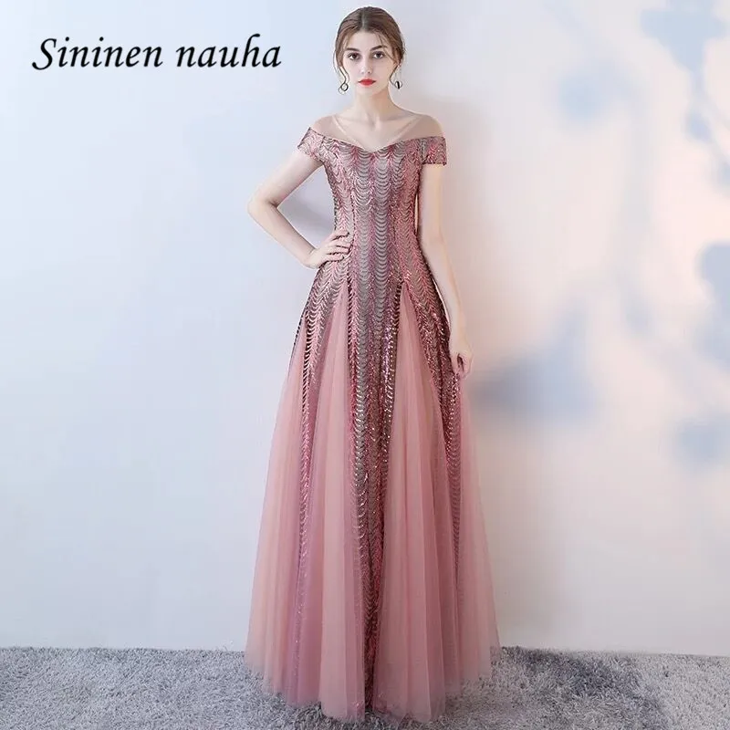 

Pink Sequin Long Evening Formal Dresses Off The Shoulder A Line Tulle Prom Party Dress Vestidos De Festa Robe De Soiree 295