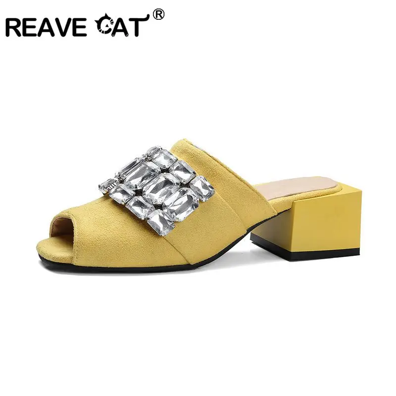Online REAVE KATZE Sommer Neue Chunky Platz High Heels Rutsche Hausschuhe Frau Kristall Maultiere Frauen Slip Auf Schuhe Extra Kristall Bling A1163