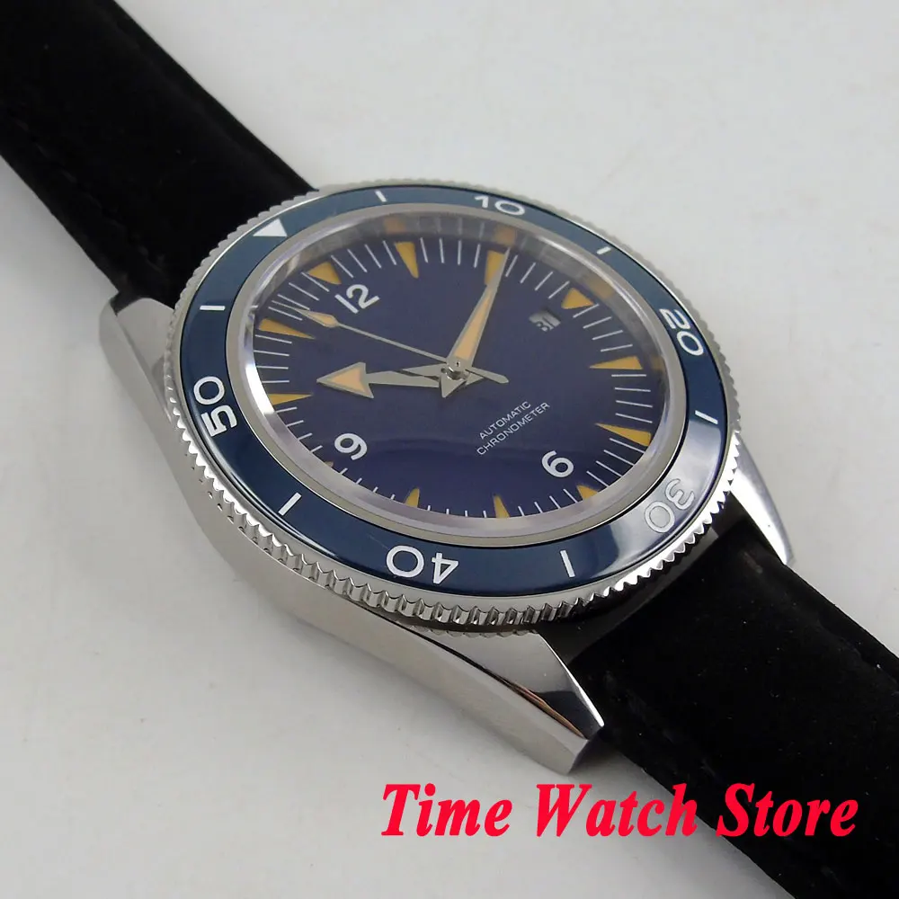 Corgeut 41mm Miyota 8215 5ATM Automatic men's watch leather strap Blue sterile dial Sapphire Glass ceramic bezel cor121 | Наручные