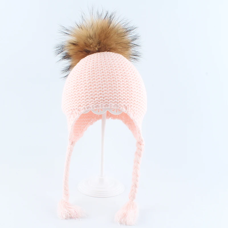 Настоящий помпон из меха енота Beanie шапки для детей мальчиков и девочек Babay зимняя шапка теплые наушники шапки