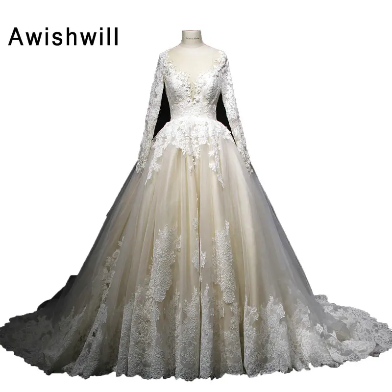 

Бальное платье с длинным рукавом Vestido De Noiva, свадебные платья 2018, кружевное платье с открытой спиной и аппликацией из тюля цвета шампанского, ...