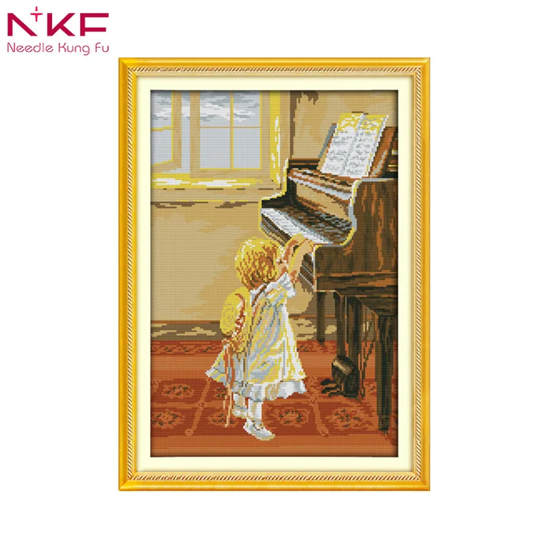 Маленькая девочка и фортепиано китайский принт вышивка крестиком рукоделие diy