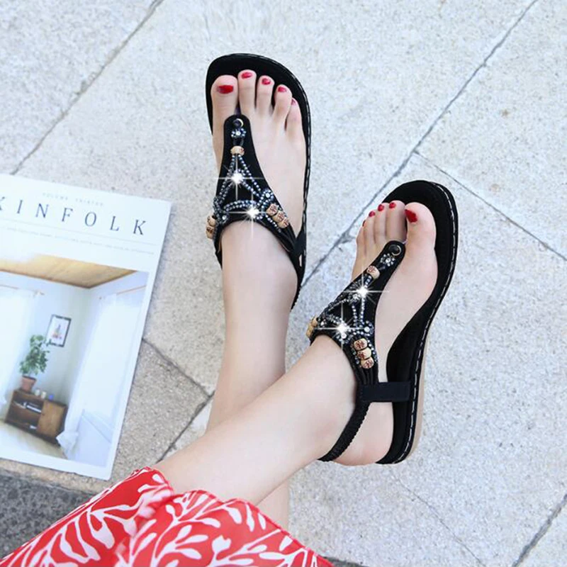 2019 Retro women's shoes round head Solid color sandals summer Leisure Comfort beach beaded rhinestone flat mm313 | Обувь