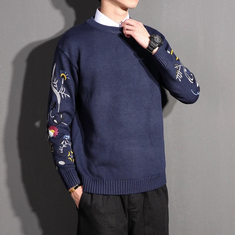 Sweaters men Z5119_P75 ~ kind model * sleeve embroidery flower Men round collar bigger sizes sweater M - 6 xl | Мужская одежда