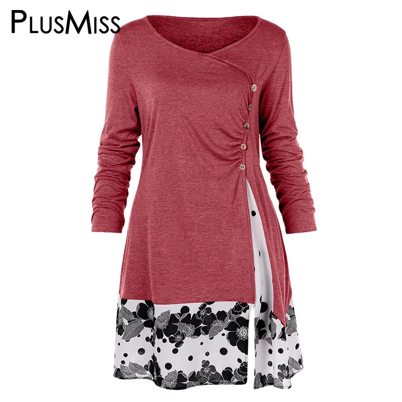 Красный PlusMiss размера плюс 5XL драпированное платье с цветочным принтом длинная туника футболки Для женщин Весна топы с длинными рукавами футболки для девочек больших Размеры XXXXL XXXL XXL - Цвет: Красный