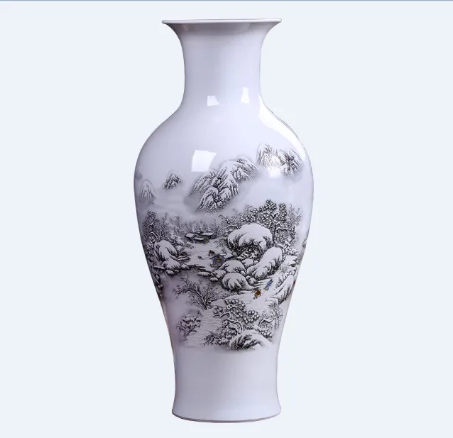 Антикварная Большая керамическая ваза Цзиндэчжэнь снежный пейзаж рыбьего