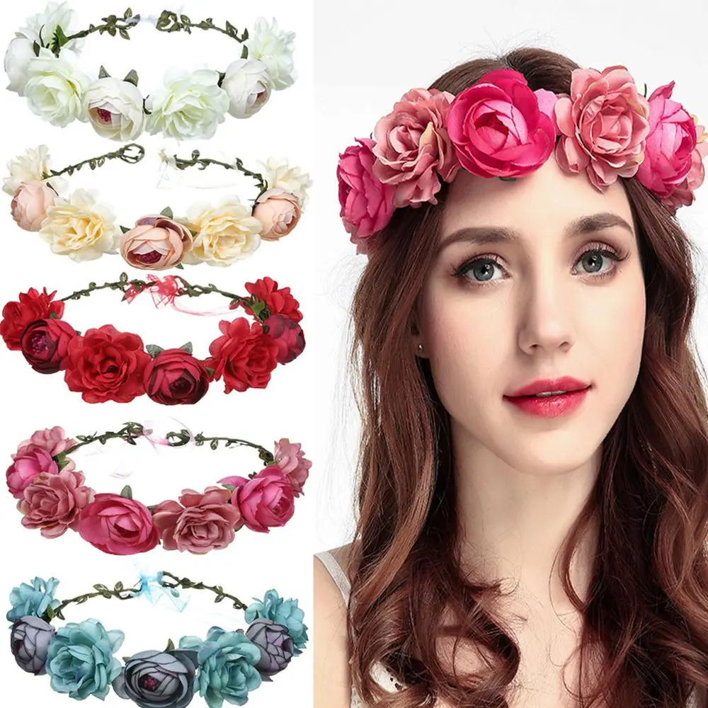 

Popular Big Red Rose Wedding Bridesmaid Bride Wreath Headband Seaside Tourism Beautiful Artificial Flower Beach Headband