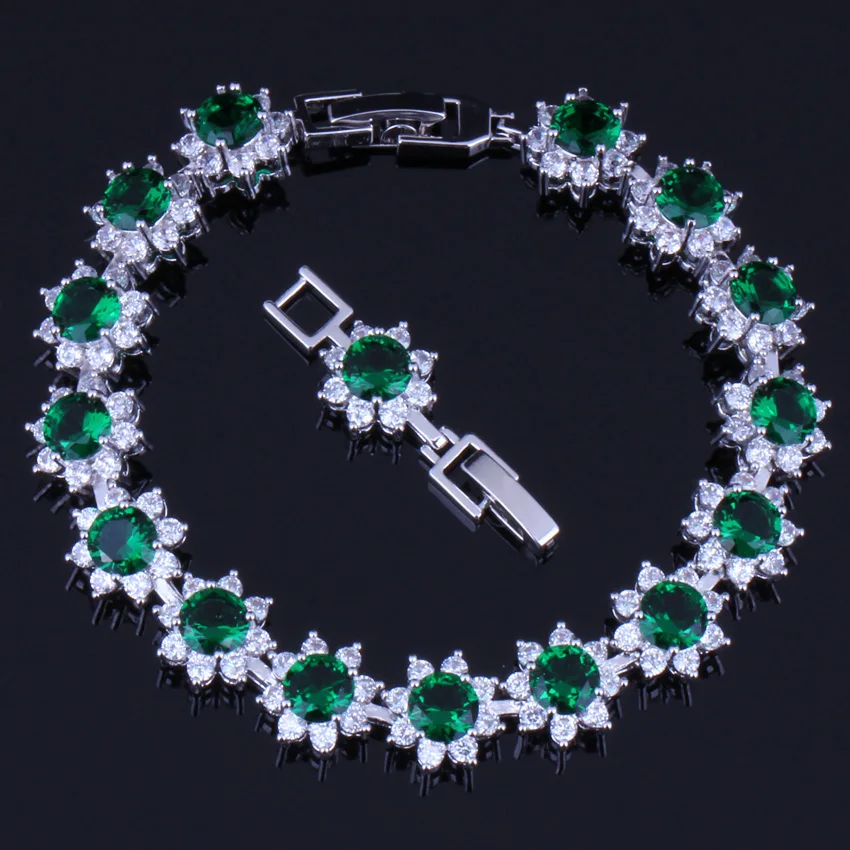 

Astonishing Round Green Cubic Zirconia White CZ Silver Plated Link Chain Bracelet 18cm 20cm V0067