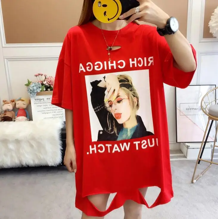 Красный 4804 летний узор корейская мода Хлопок Уличная одежда Harajuku большой размер длинная свободная дыра хип хоп половина рукав футболка Женская волна - Цвет: Красный