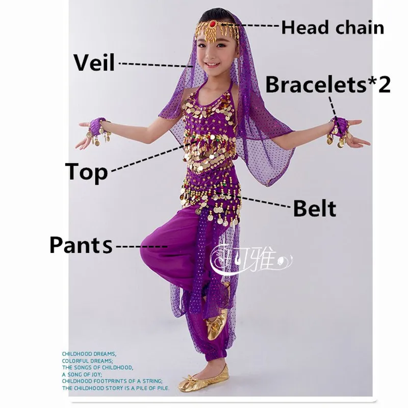 Purple 7pcs Детский набор костюма для танца живота Восточный танец девушки танец живота Индия танец живота одежда танец живота дети Индийский 6 цветов - Цвет: Purple 7pcs