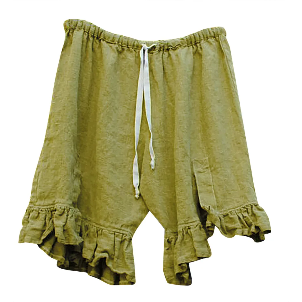 Green Feitong/женские шорты размера плюс, однотонные, льняные, с высокой талией, с завязками, свободные, широкие, короткие, с высокой талией, сексуальные#3 - Цвет: Green