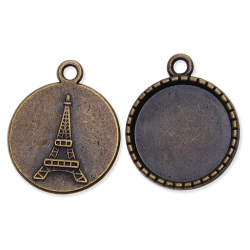 

Antiqued Bronze Vintage Alloy 18 mm Round Pendant Tray Eiffel Tower Pattern Blanks, Cameo Cabochon Base Setting 100 PCS-C1929