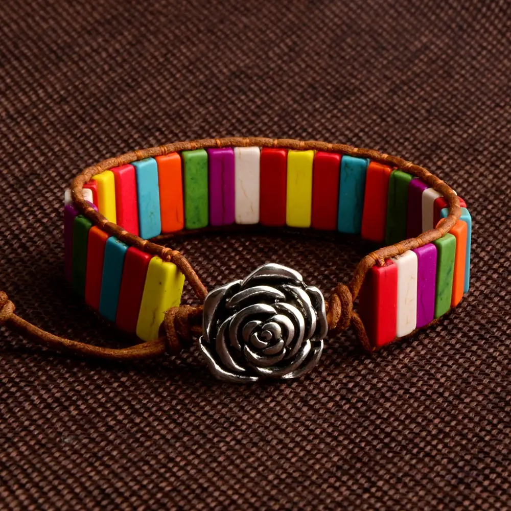 Handmade Bohemia Bracelet Stone Tube Beads Genuine Leather Yoga Strand flower For Women | Украшения и аксессуары