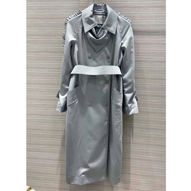 light blue Cosmicchic Осень Зима Женское подиумное длинное пальто с деревянными ушками на рукавах двубортное пальто с поясом Верхняя одежда тонкая - Цвет: light blue