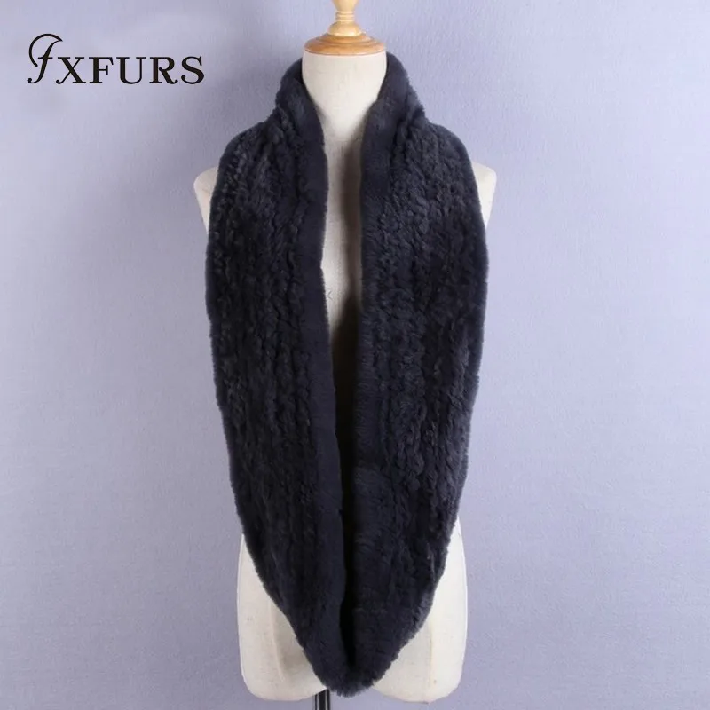 FXFURS, женский шарф из меха кролика рекс, ручная вязка, меховые большие воротники, натуральный мех, петля, шарф, глушитель, женская зимняя меховая шейка - Цвет: dark grey