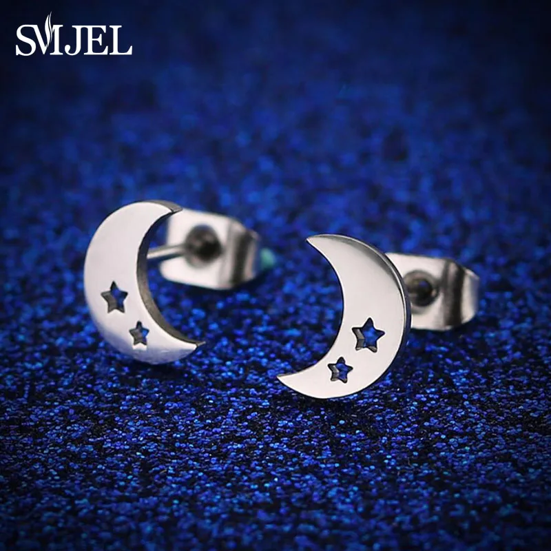 Женские серьги с Луной SMJEL черные гвоздики из нержавеющей стали подарок на день