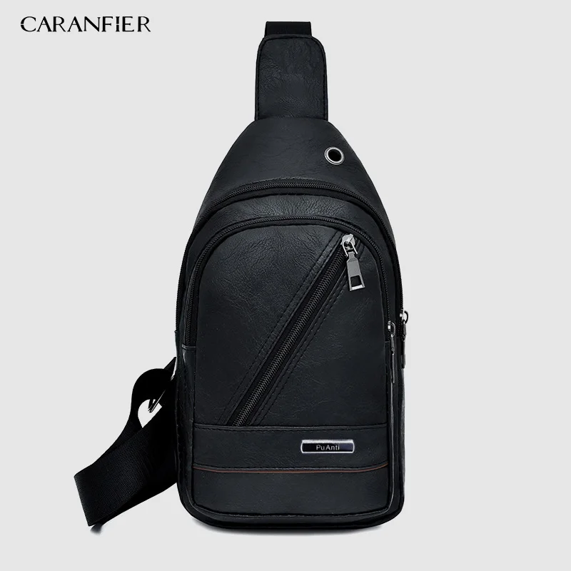 61Black 1Pcs CARANFIER 2 шт Водонепроницаемый PU сумка на плечо мужская сумка с зарядкой Мужская USB нагрудная сумка Диагональная Сумка для писем грудь Новинка - Color: 61Black 1Pcs
