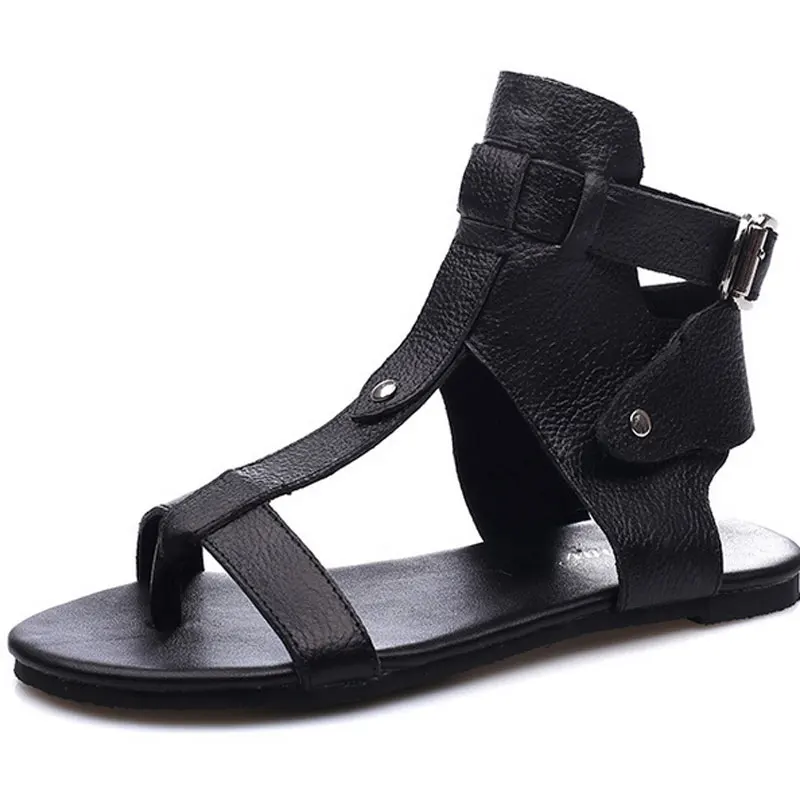 Женские римские сандалии Новинка лета 2019 кожаные на плоской подошве Низкие