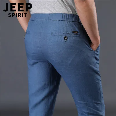 JEEP SPIRIT, лето, льняные брюки для мужчин, повседневные, дышащие, средняя талия, тонкие, осенние брюки для мужчин размера плюс, мужские брюки, pantalon homme - Цвет: Light Blue