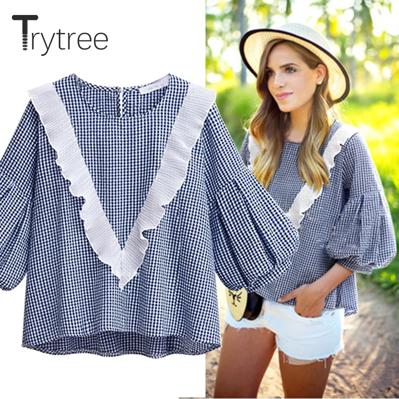 Trytree лето осень женская блузка повседневная клетчатая рубашка с рукавом три