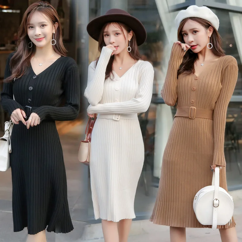 Женское платье свитер 2018 осень зима новое трикотажное с v образным вырезом и