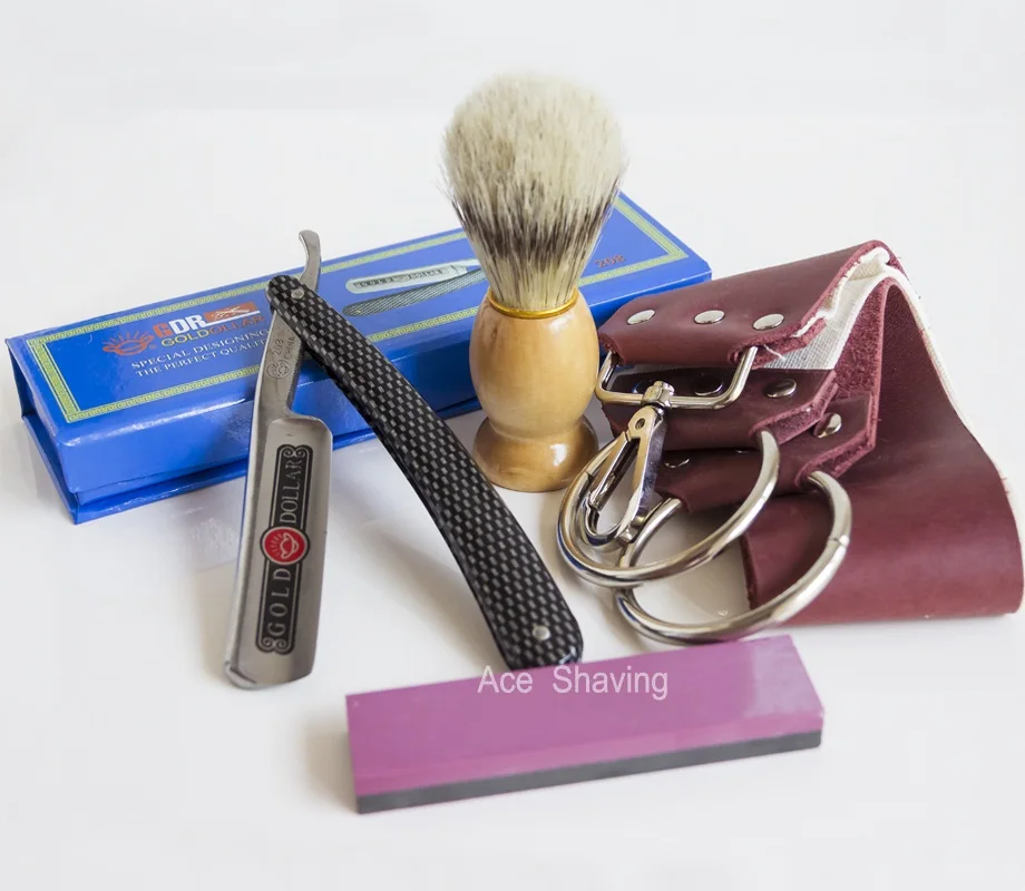 Barber Shaving Set Folding Knife Straight Razor Blade Sharpening Paste Leather Strop Stone Beard Brush - Цвет: Items in the picture