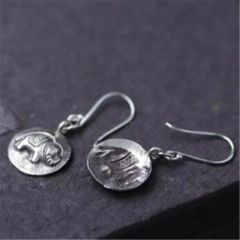 

JINSE Original India Thailand Ancient 925 Sterling Silver Earring Round Elephant Handmade Hippie Animal Tribe Jewelry
