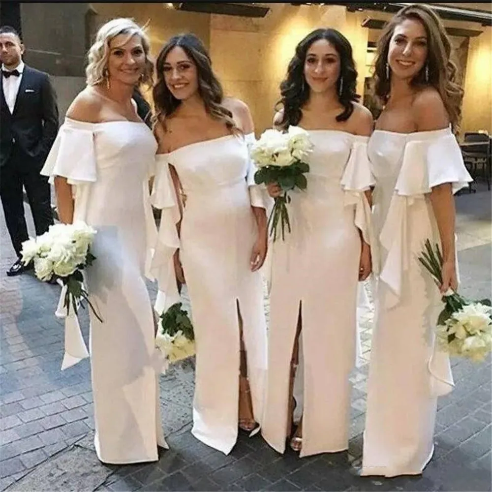 

Elegant White Bridesmaid Dresses Boat Neck Off The Shoulder Straight Front Split Long Wedding Guest Gowns 2019 Cheap Women Dress