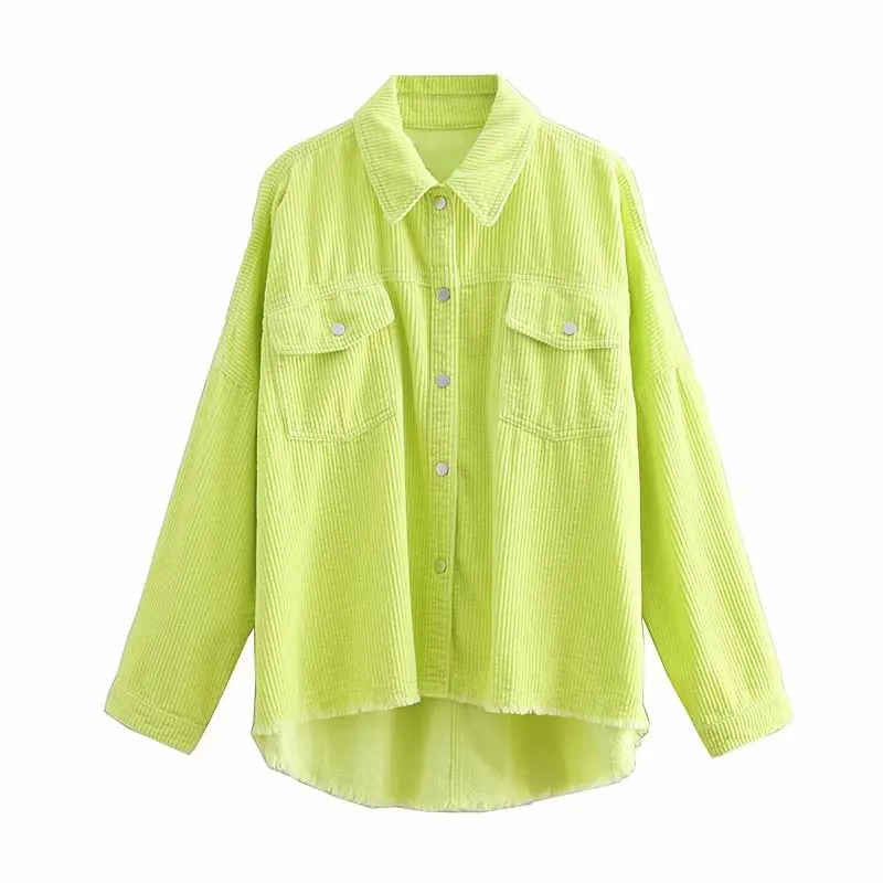 

2019 Spring Women Bright Green Color Corduroy Jacket Loose Single Breasted Coat Fashion Button Down Tassel Jacket