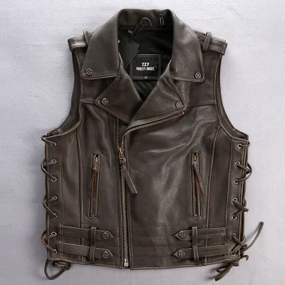 Deep Brown DHL,,, Ретро стиль, Воловья кожа, жилеты для мужчин, новинка, натуральная кожа, мотоциклетный жилет, черный, без рукавов, куртка - Цвет: Deep Brown