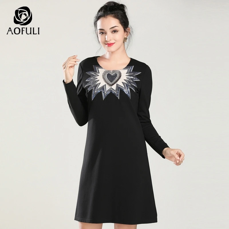 AOFULI L-XXXL 4XL 5XL расшитое блестками зимнее женское платье с длинным рукавом длиной до