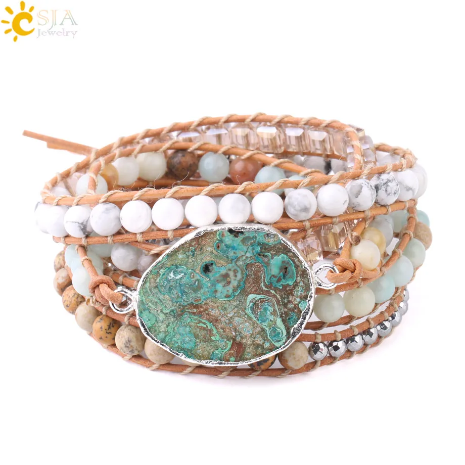 CSJA Boho Agates Wrap Bracelets Natural Stone Beads Green Ocean Charms Jewelry 5 Strand Girls Friendship Leather Bracelet S217 | Украшения