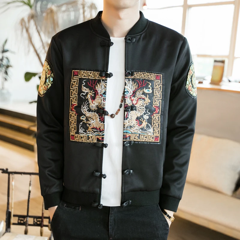 Куртка-бомбер мужская с вышивкой модная длинная китайская куртка-пилот пальто