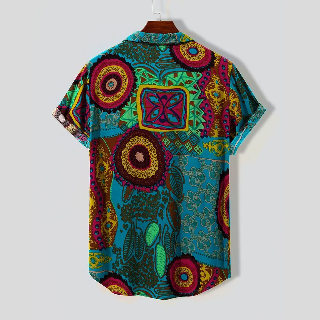 Hot sale New Summer Men Shirts Vintage Ethnic Printed Turn Down Collar Short Sleeve Loose Casual Tops camisas hombre