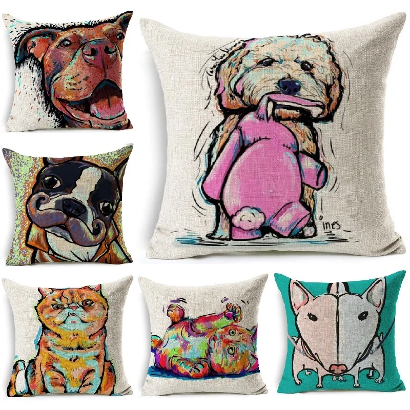 

Dog Cat Bull Terrier Painting Cushion Cover Schnauzer Linen Throw Pillows Car Sofa Cover Decorative Pillowcase Decorativos