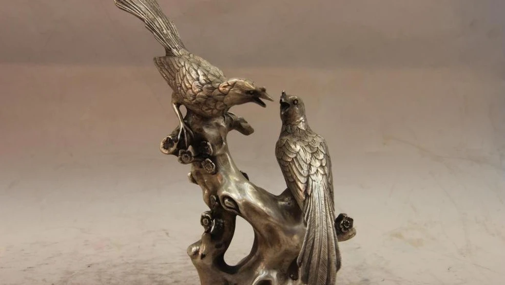 

China White Copper Silver Lucky Bird 2 Magpie Plum blossom Flower Art Statue