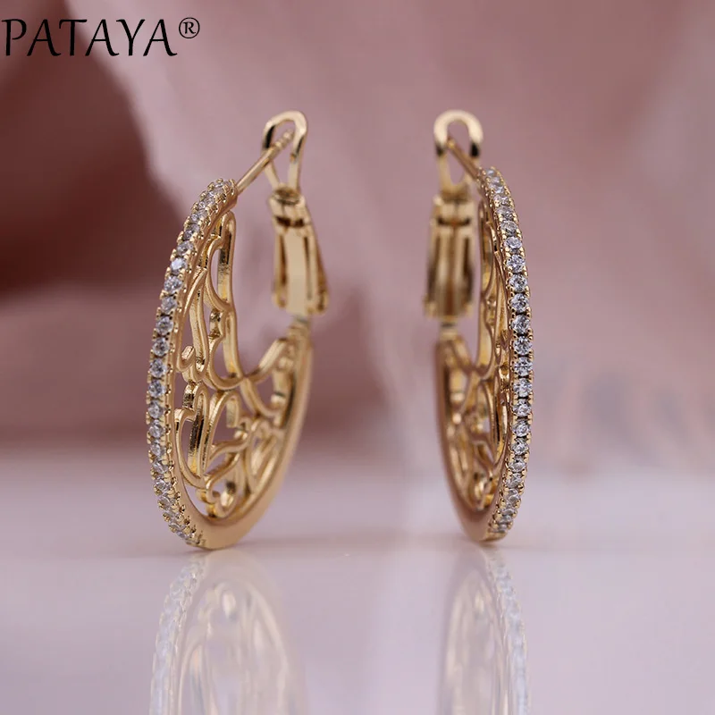 PATAYA, новинка, милые, полые, кружевные, круглые свисающие серьги, 585, розовое золото, белый, Круглый, натуральный циркон, для женщин, для свадьбы, хорошее, модное ювелирное изделие