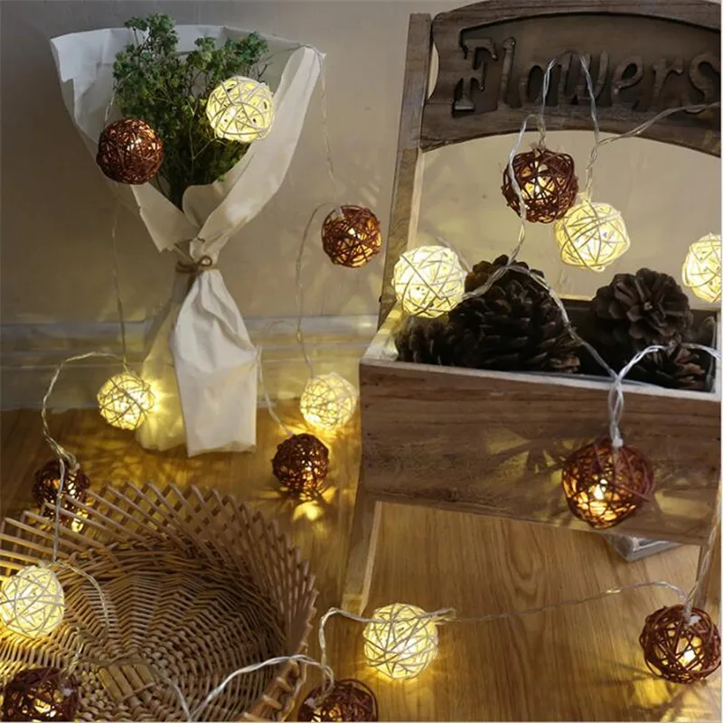 

5m White Coffee Thailand Rattan Balls 28LED String Fairy lights Garland Green White Ball for Wedding Christmas Party Decorations
