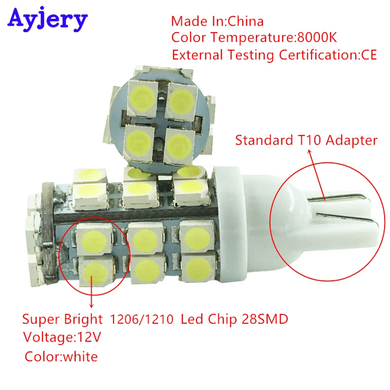 AYJERY 500X 12V T10 Led Car Bulbs 168 194 W5W 3528 1210 28 SMD Wedge Light Signal Dome Lights White | Автомобили и мотоциклы