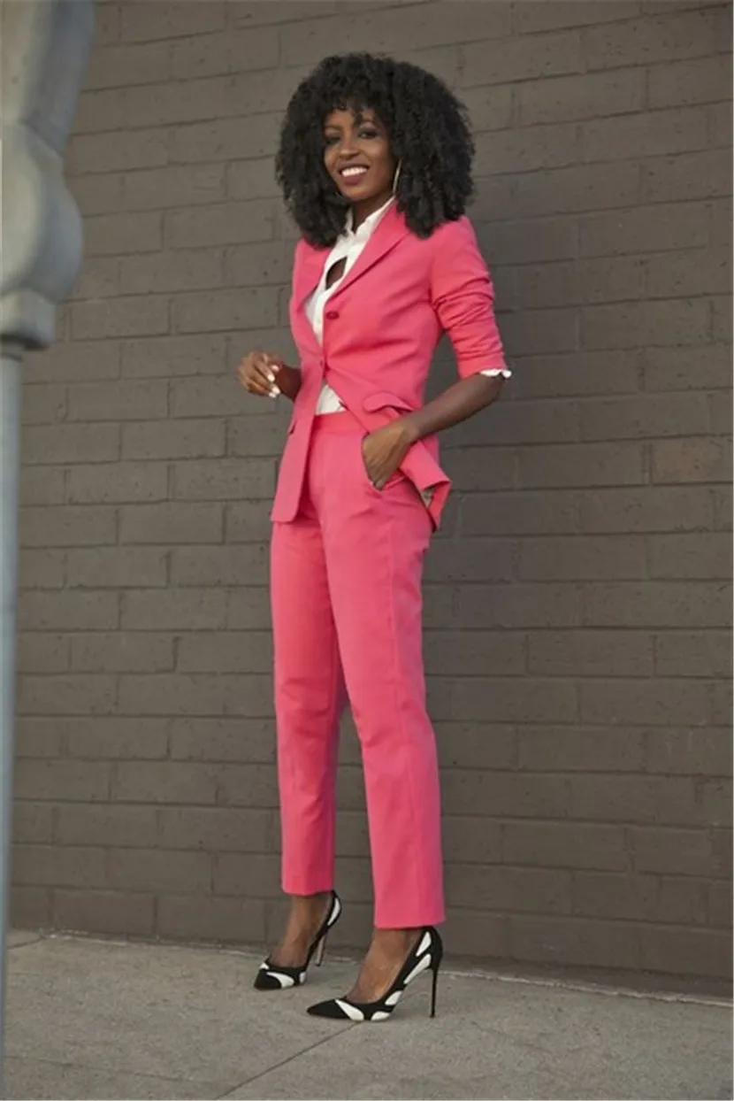 2019Jacket+Pants Women Business Suit Long Sleeves Blazer Female Office Uniform Ladies Formal Trouser Suits Single Breasted Pink